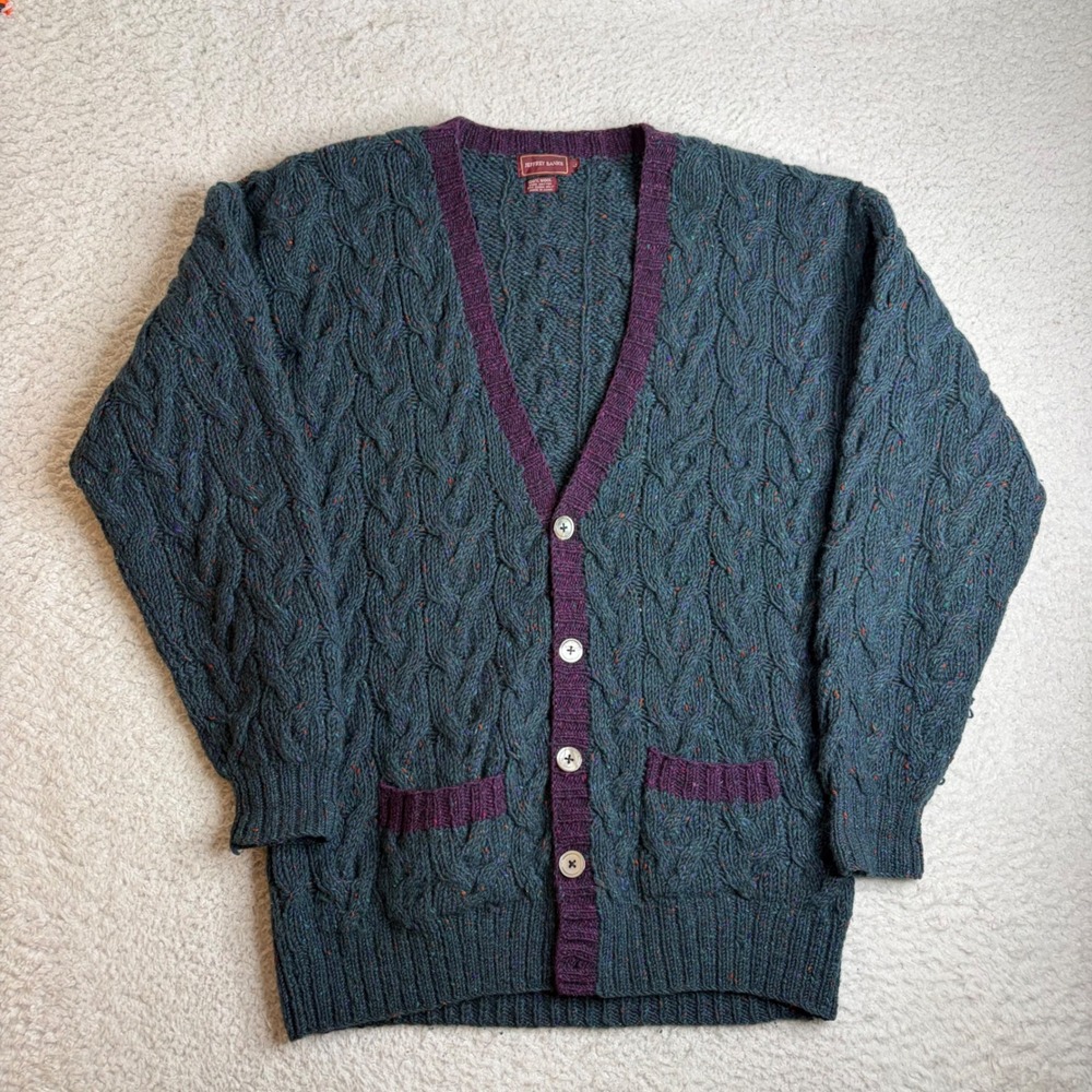 Jeffrey Banks Mens Large Wool Cable Knit Cardigan Teal Green Purple Donegal READ